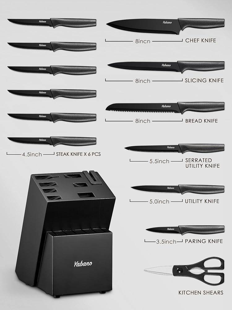 Yabano knife set, 14-piece knife block set with built-in sharpener, sharp black kitchen knife set with block, dishwasher safe - Image 2