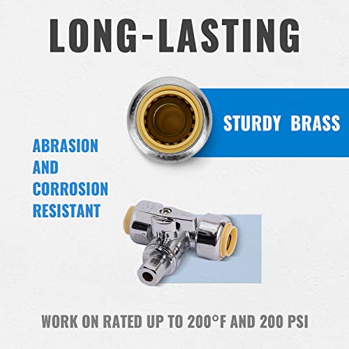SUNGATOR Service Tee Stop Valve, 1/2" Ptc x 1/2" Ptc x 1/4" Compression, 1/4 Turn Push Fit Water Valve Shut Off Fitting with Disconnect Clip & Tape, Push-to-Connect, PEX, Copper, CPVC, No Lead Brass - Image 3
