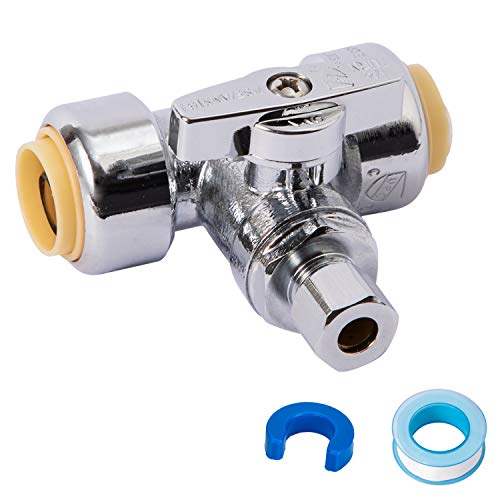 SUNGATOR Service Tee Stop Valve, 1/2" Ptc x 1/2" Ptc x 1/4" Compression, 1/4 Turn Push Fit Water Valve Shut Off Fitting with Disconnect Clip & Tape, Push-to-Connect, PEX, Copper, CPVC, No Lead Brass - Image 1
