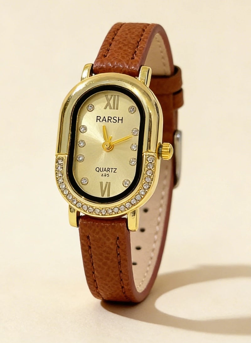 Barsh Women's Elegant Gold-Plated Watch with Diamond-Studded Bezel - Stylish Leather Strap Quartz Wristwatch for Ladies (Fashion Dress Watch) - Image 1