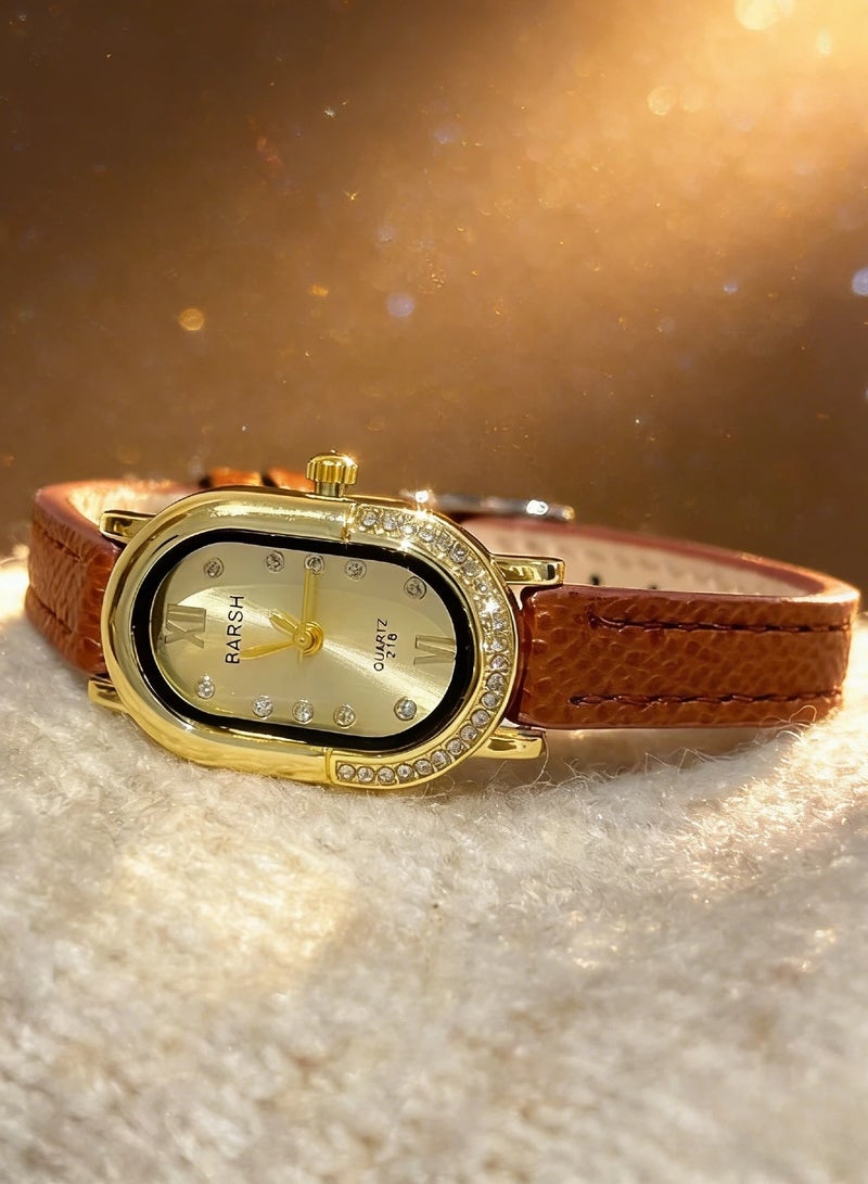 Barsh Women's Elegant Gold-Plated Watch with Diamond-Studded Bezel - Stylish Leather Strap Quartz Wristwatch for Ladies (Fashion Dress Watch) - Image 2