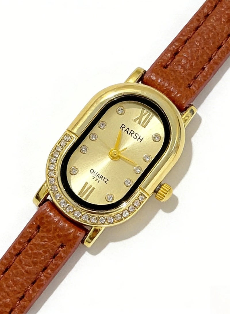 Barsh Women's Elegant Gold-Plated Watch with Diamond-Studded Bezel - Stylish Leather Strap Quartz Wristwatch for Ladies (Fashion Dress Watch) - Image 3