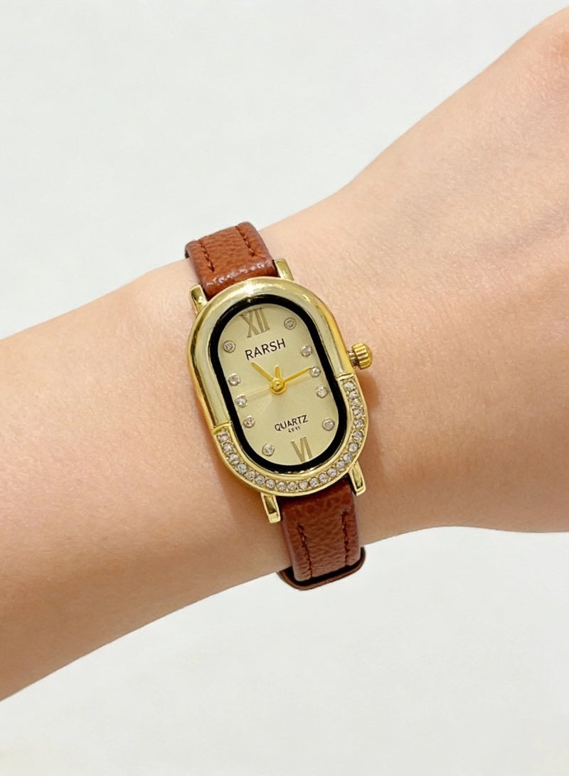 Barsh Women's Elegant Gold-Plated Watch with Diamond-Studded Bezel - Stylish Leather Strap Quartz Wristwatch for Ladies (Fashion Dress Watch) - Image 4