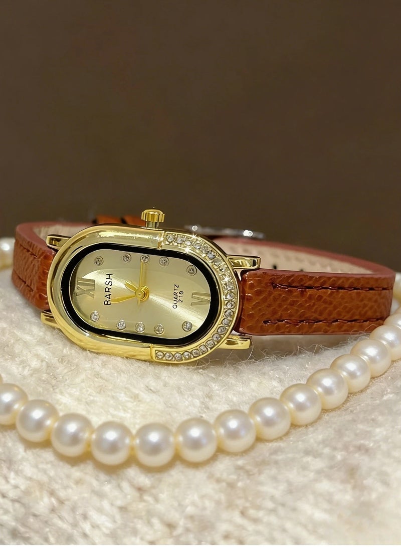 Barsh Women's Elegant Gold-Plated Watch with Diamond-Studded Bezel - Stylish Leather Strap Quartz Wristwatch for Ladies (Fashion Dress Watch) - Image 5