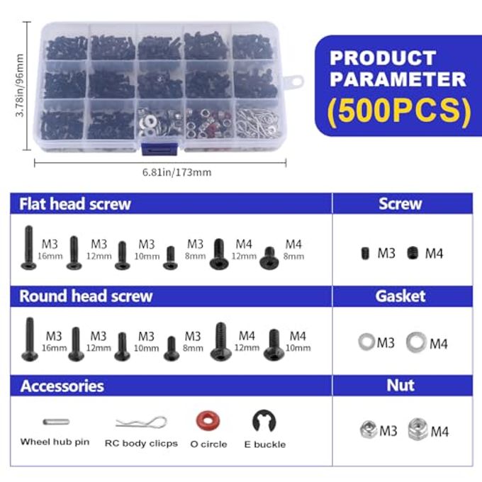 Hobbypark 500pcs Universal RC Screw Kit Screws Assortment Set, Hardware Fasteners for Traxxas Axial Redcat HPI Arrma Losi 1/8 1/10 1/12 1/16 Scale RC Cars Trucks Crawler - Image 2