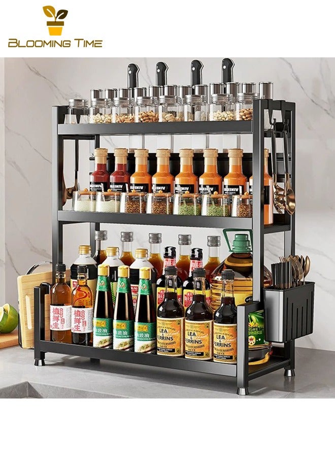 BLOOMING TIME Thickened Three-Layer Kitchen Storage Rack, Spice Storage Rack, Multi-Layer Black Spice Rack for Countertops, Multi-Functional Kitchen Storage Rack, Chopsticks, Cutting Board, and Knife Countertop Storage Rack, Black - Image 1