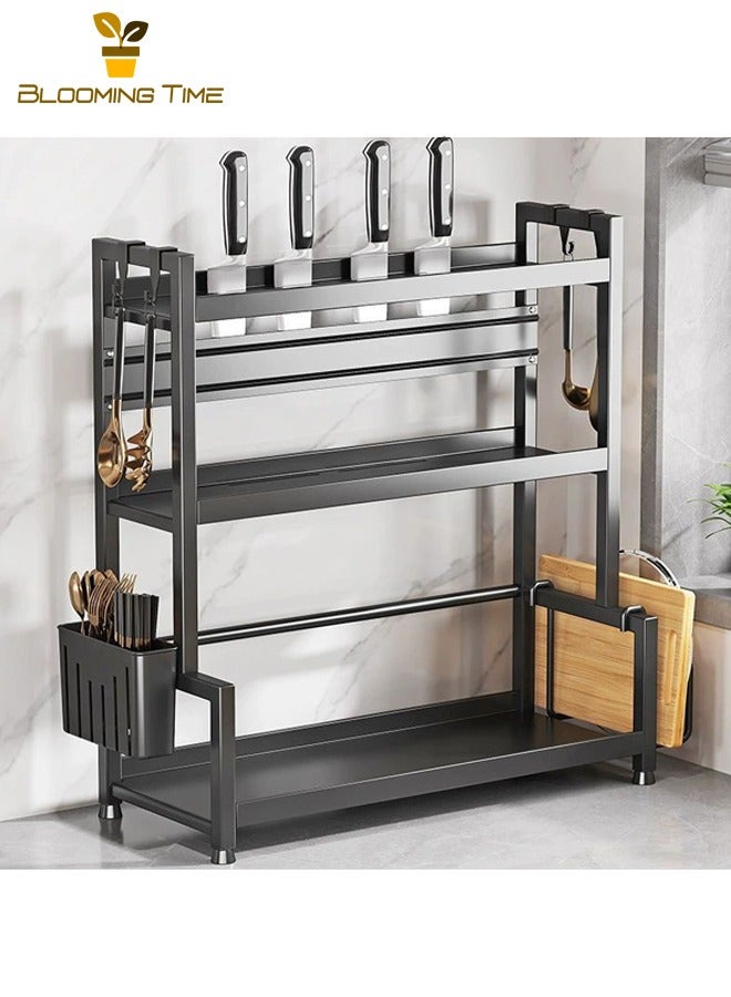 BLOOMING TIME Thickened Three-Layer Kitchen Storage Rack, Spice Storage Rack, Multi-Layer Black Spice Rack for Countertops, Multi-Functional Kitchen Storage Rack, Chopsticks, Cutting Board, and Knife Countertop Storage Rack, Black - Image 2