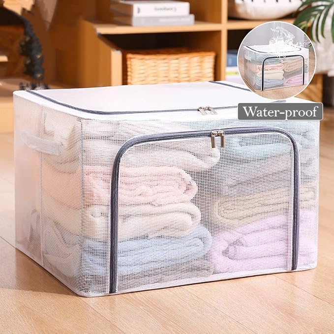 ONTRIP ONTRIP Clothes OrganizerClothes Storage Bins Box with Steel Frame Foldable Window and Reinforced Handle Large Clear Plastic Zipper Boxes Nylon Fabric Extra Large Storage Bag 66L Transparent Storage  - Image 3