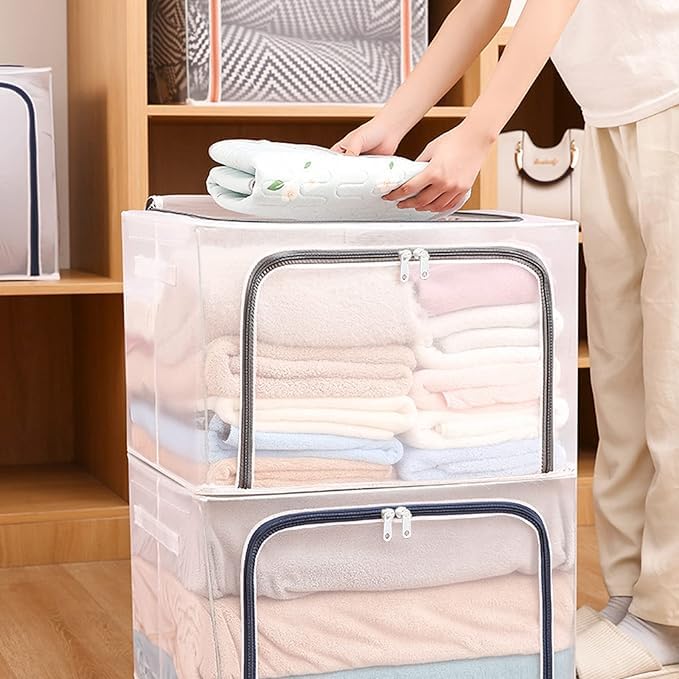 ONTRIP ONTRIP Clothes OrganizerClothes Storage Bins Box with Steel Frame Foldable Window and Reinforced Handle Large Clear Plastic Zipper Boxes Nylon Fabric Extra Large Storage Bag 66L Transparent Storage  - Image 2