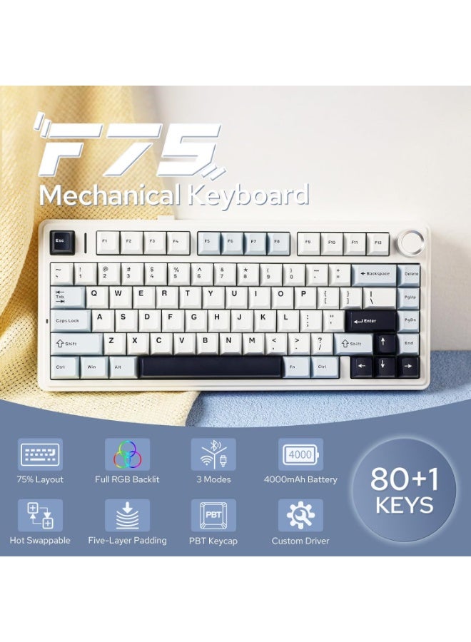 AULA F75 LK Mechanical Gaming Keyboard - 75% Hot-Swapping with Gasket Mounting System - 3-Mode (Bluetooth 5.0/2.4G/USB-C) - Five-Layer Padding - RGB Lighting - Ultra-Fast Response for PC/Mac - Light Blue - Leopog Reaper Switches - Image 2
