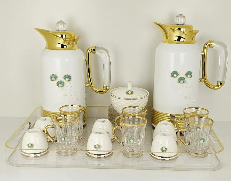 Damanhoor 22Pieces New Full Set Thermose 2Thermos 6Teacup With 6saucer 6Guava Cup 1Sugar Bowl 1Tray - Image 1
