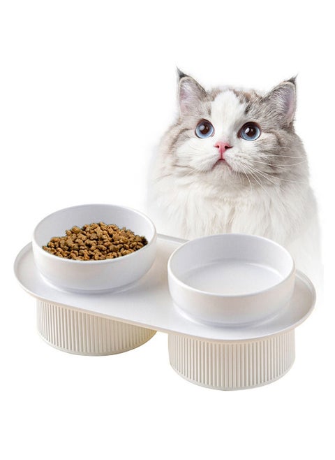 Ceramic Cat Bowl,Tall to Protect the Cervical Spine Anti-Spill Pet Bowls,Detachable Ceramic Water Bowl Food Bowl(white)