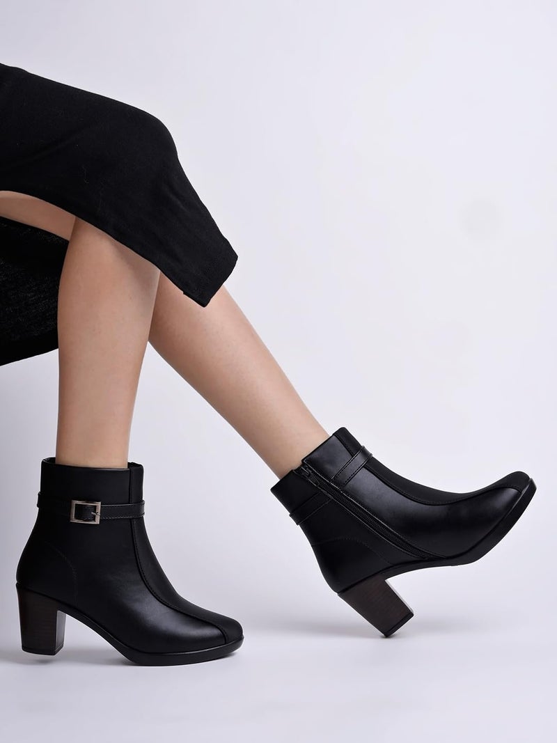 Shoetopia Women's Black Faux Leather Ankle Boots with Mid Heel and Buckle Strap || Side Zipper Comfort Booties for Fall & Winter EU38 - Image 2
