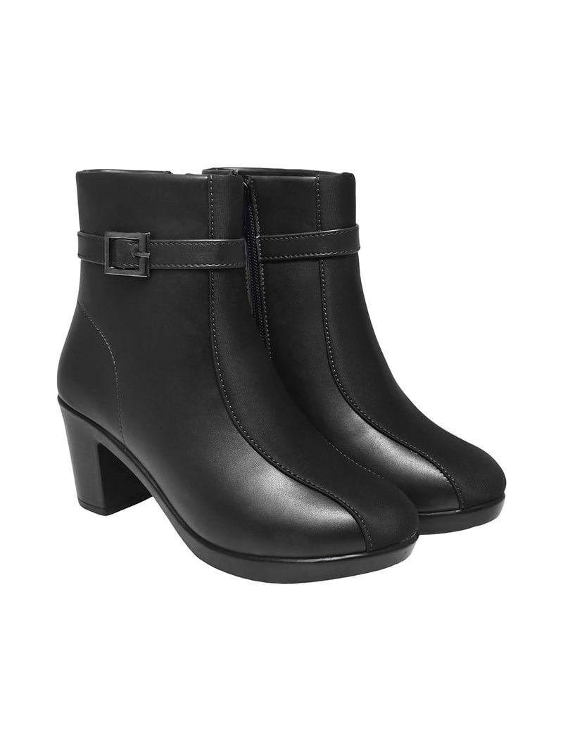 Shoetopia Women's Black Faux Leather Ankle Boots with Mid Heel and Buckle Strap || Side Zipper Comfort Booties for Fall & Winter EU38 - Image 1