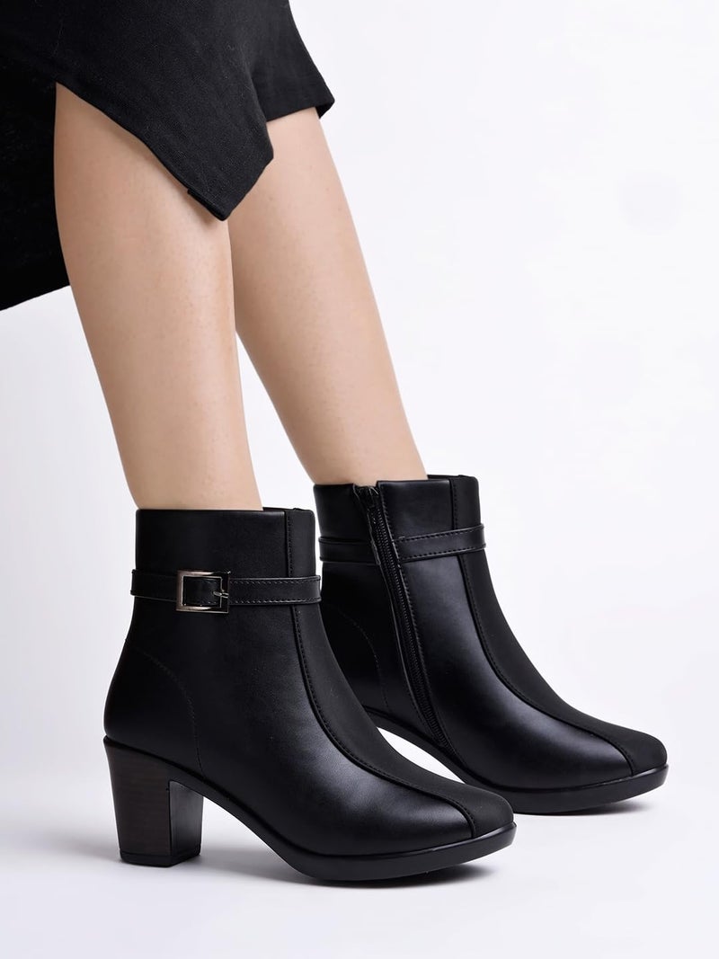 Shoetopia Women's Black Faux Leather Ankle Boots with Mid Heel and Buckle Strap || Side Zipper Comfort Booties for Fall & Winter EU38 - Image 3