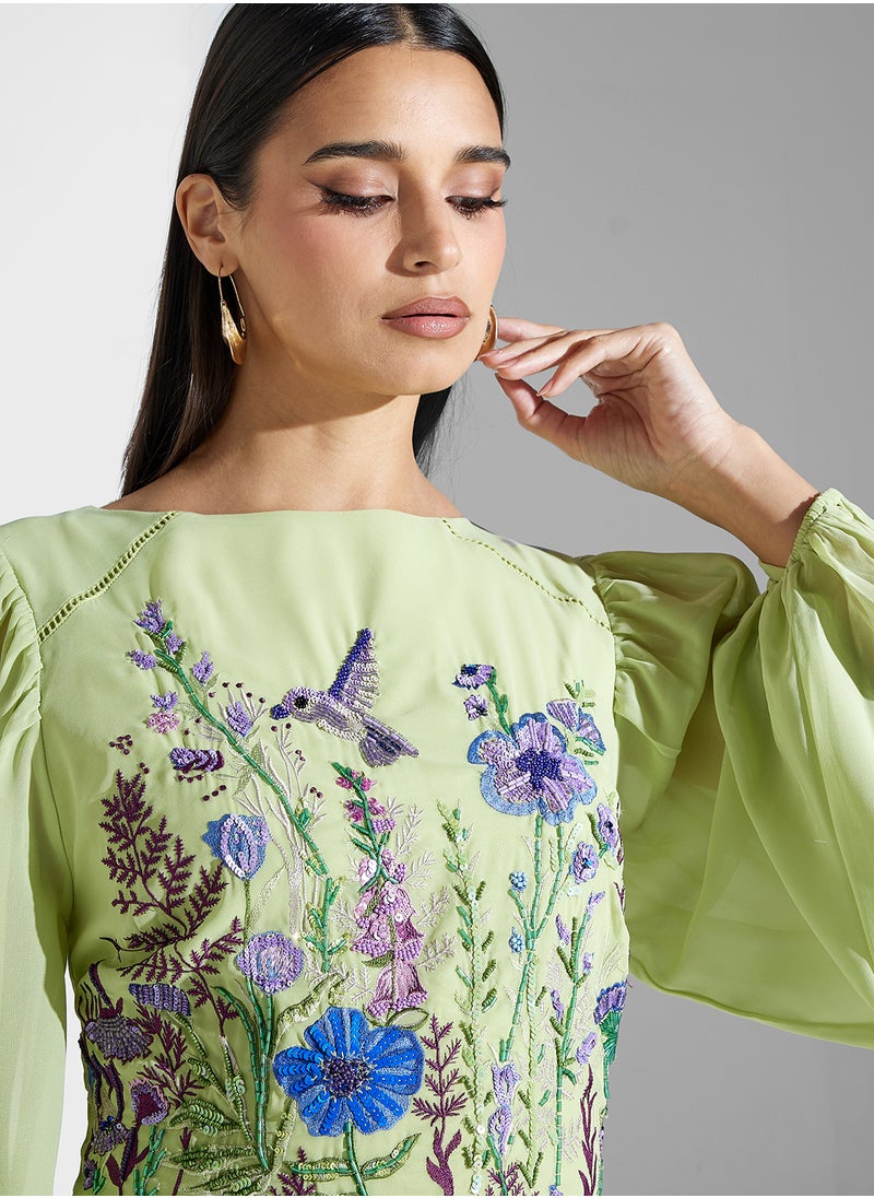 Hope & Ivy - Embellished Blouson Sleeve Maxi Dress - Image 1