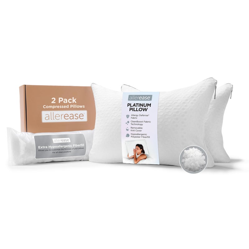 Aller-Ease â€¯AllerEase Platinum 2-in-1 Adjustable Pillow, CleanBoost Allergen Barrier, Extra Fill, Standard/Queen - 2 Pack - Image 1