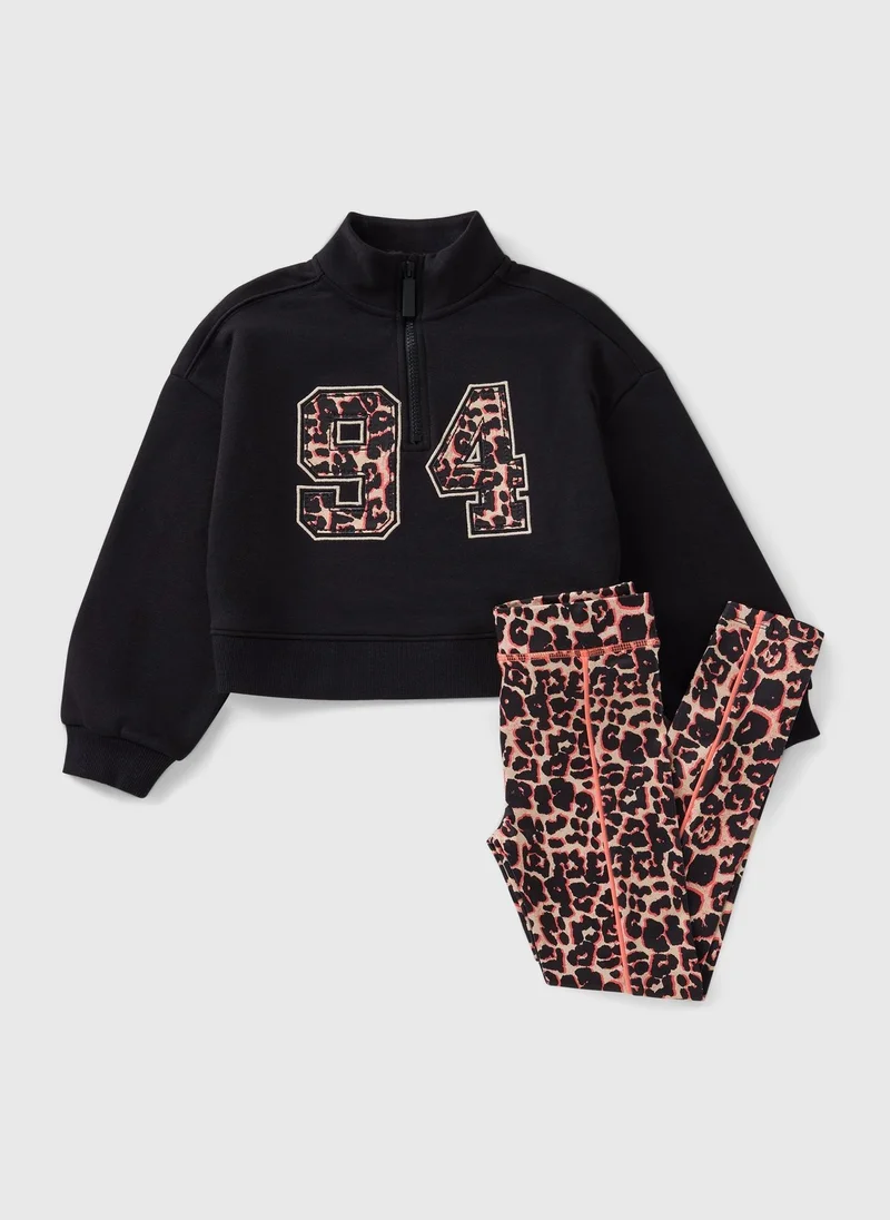 Matalan Girls Black Leopard Sports Sweatshirt & Legging Set