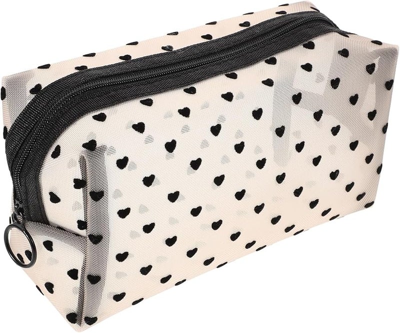 Large Capacity Beige Travel Makeup Organizer Heart Print Mesh Toiletry Bag With Zipper - Image 1