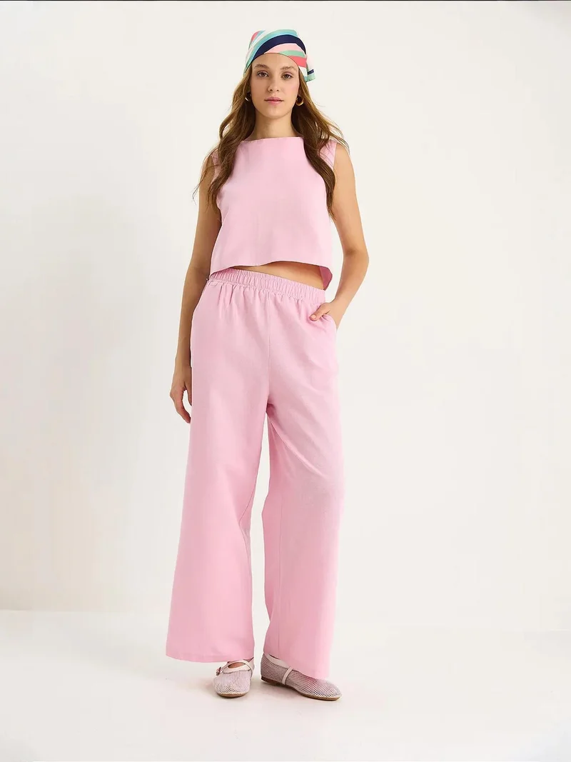 Bianco Lucci LUCCI Linen Blended Crew Neck Sleeveless Two-Piece Coord Set