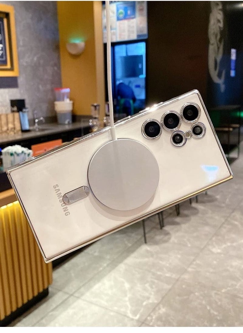 for Samsung Galaxy S23 Ultra Case Magnetic Clear with Camera Lens Protector Full Protection MagSafe Electroplated Silicone Slim Fit Shockproof Protective Case Cover - Silver - Image 3