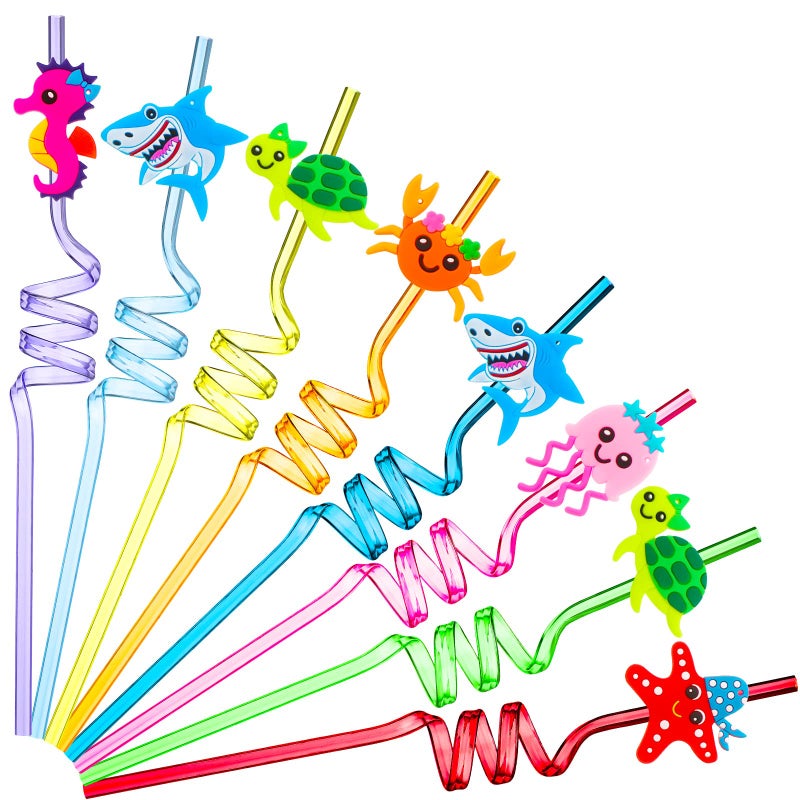 Potchen 24 Pcs Under the Sea Drinking Straws Animal Silly Straws Under the Sea Birthday Party Supplies Goodie Gift Ocean Birthday Party Supplies Favors 8 ColorsCute Style