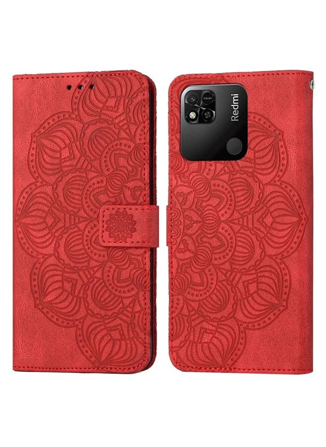HuHa Case Cover For Xiaomi Redmi 9C / 10A Mandala Embossed Flip Leather Phone Case Red 
