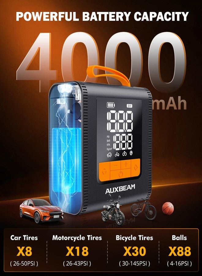 أوكسبيم منفاخ إطارات AUXBEAM H4، ضاغط هواء محمول، مضخة إطارات سيارة 150 رطل لكل بوصة مربعة، 12 فولت، 4 أوضاع نفخ، مضخة هواء ذكية لاسلكية مع شاشة LCD للسيارة والدراجة النارية والدراجة والكرة - Image 2