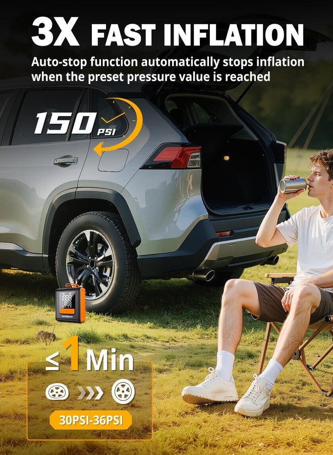 أوكسبيم منفاخ إطارات AUXBEAM H4، ضاغط هواء محمول، مضخة إطارات سيارة 150 رطل لكل بوصة مربعة، 12 فولت، 4 أوضاع نفخ، مضخة هواء ذكية لاسلكية مع شاشة LCD للسيارة والدراجة النارية والدراجة والكرة - Image 4