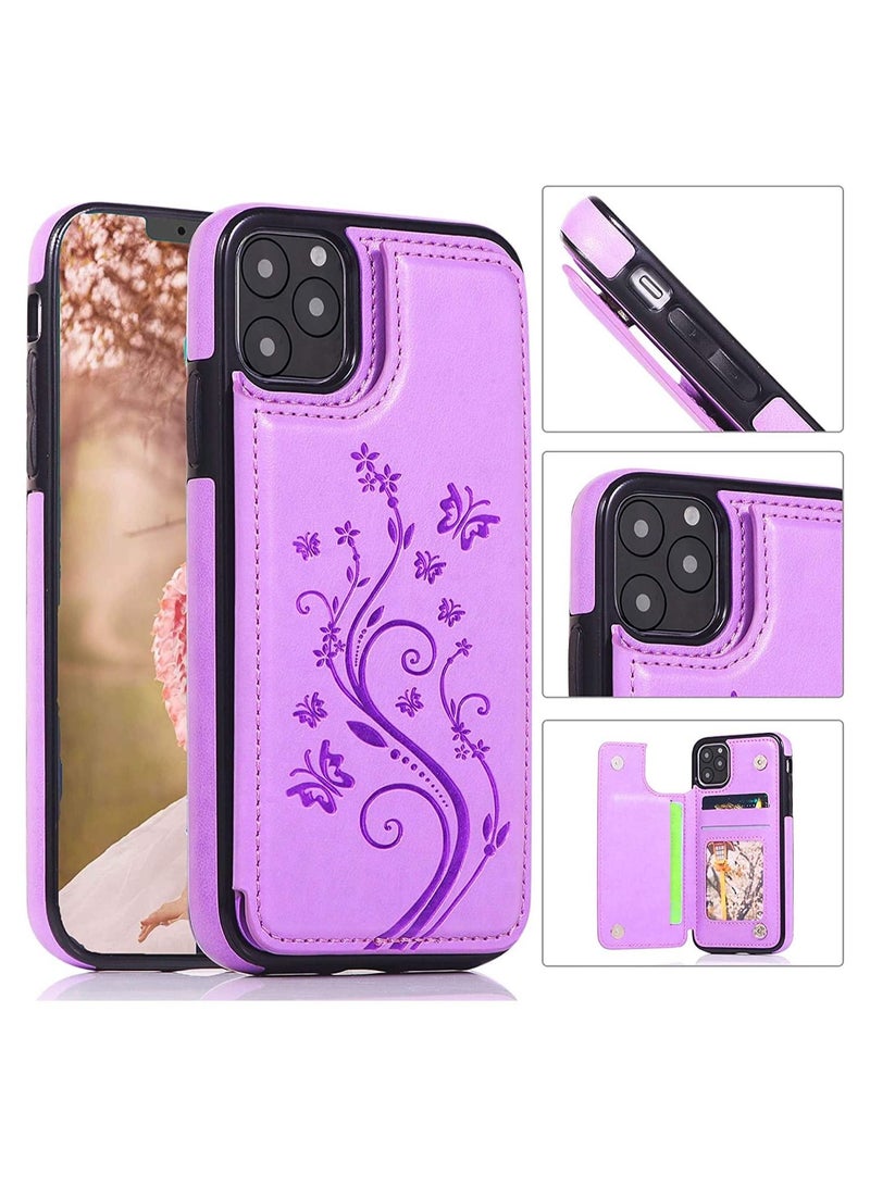 Y&D Case Compatible with iPhone 11 Pro[5.8 inch,2019 Release], Wallet for Women and Girls Card Holder Embossed Butterfly Flower Premium PU Leather Flip Cover Case- Purple - Image 1