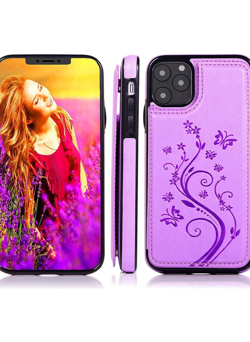 Y&D Case Compatible with iPhone 11 Pro[5.8 inch,2019 Release], Wallet for Women and Girls Card Holder Embossed Butterfly Flower Premium PU Leather Flip Cover Case- Purple - Image 2