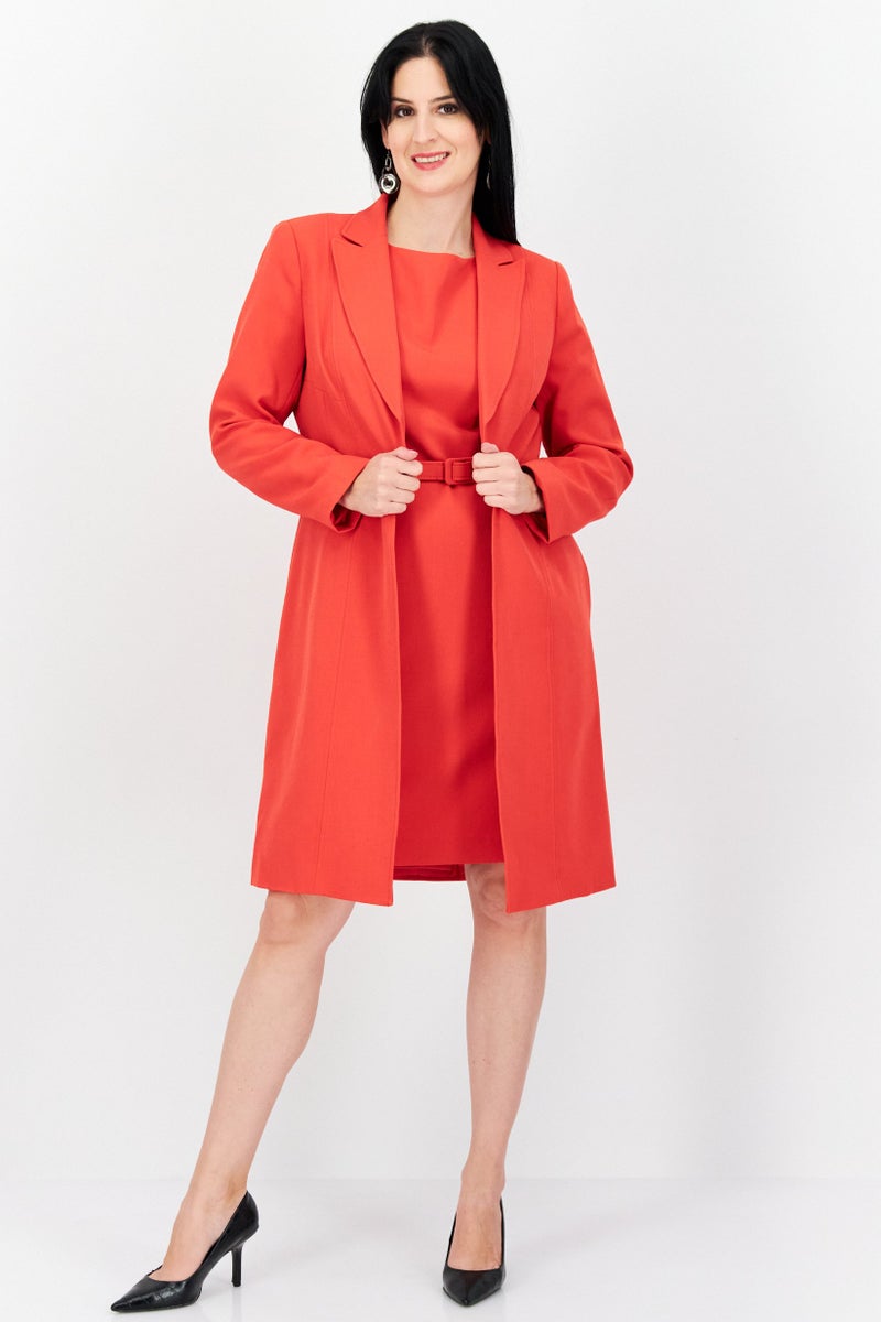 Nipon Boutique Women 2 In 1 Solid Blazer And Belted Midi Dress Set, Red  - Image 1