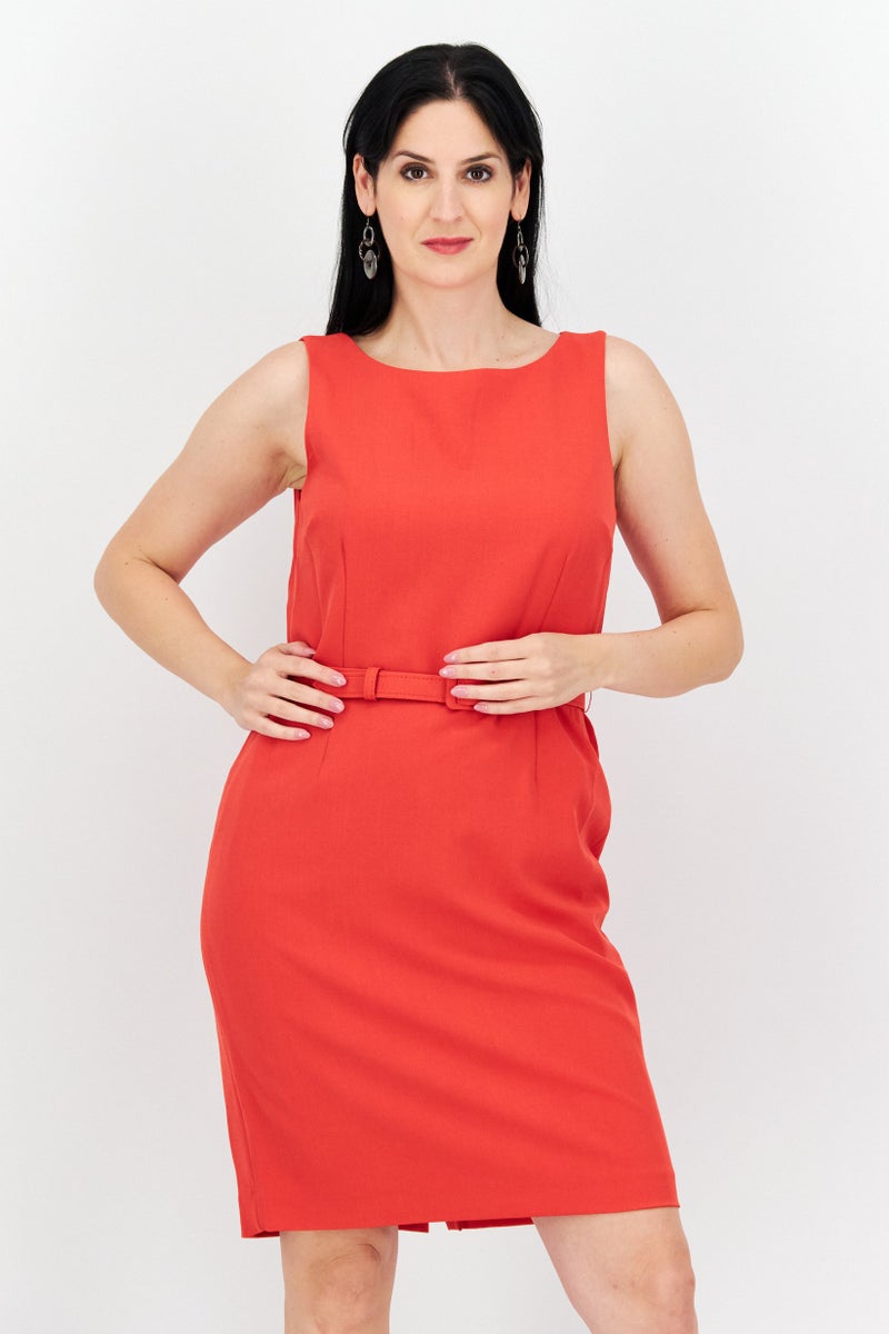 Nipon Boutique Women 2 In 1 Solid Blazer And Belted Midi Dress Set, Red  - Image 3