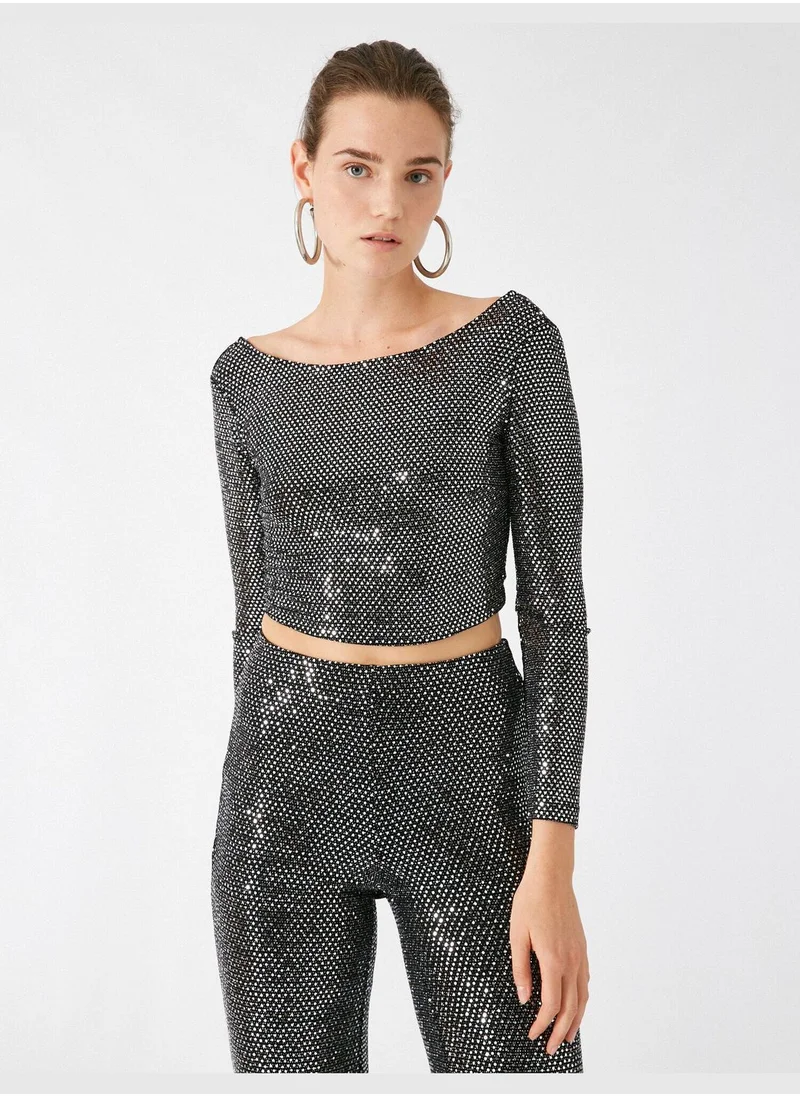 كوتون Boat Neck Long Sleeve Crop Sequined Blouse