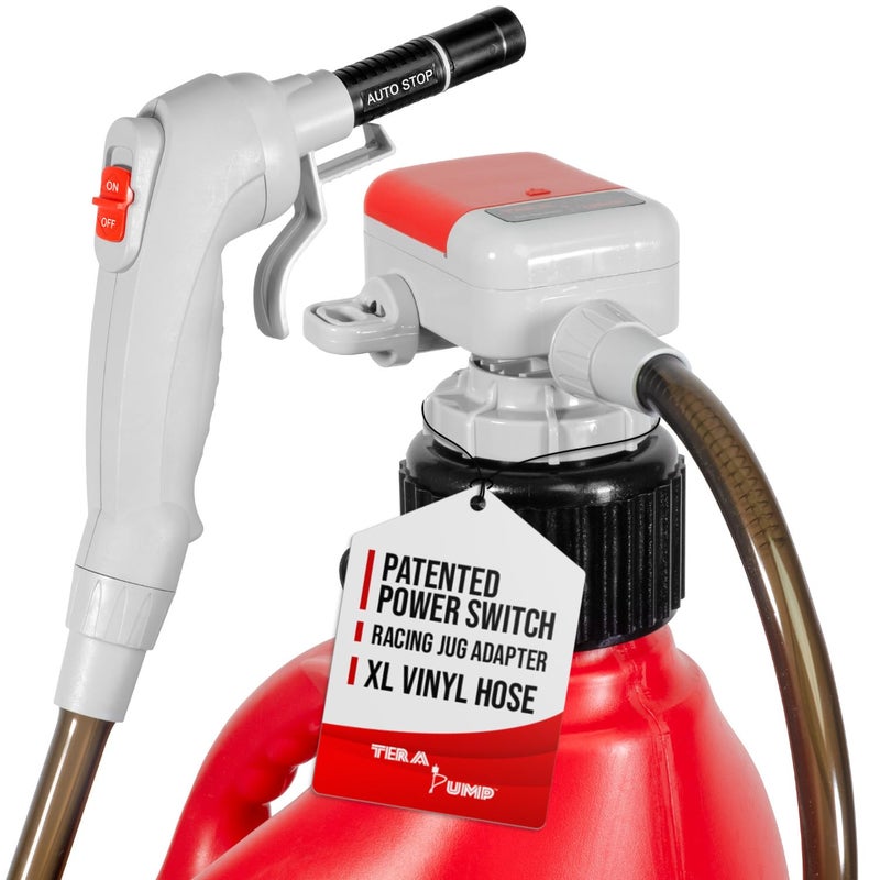 TERA PUMP TRFA03XL Universal Gas Can Adapter Cap Battery Powered Fuel Transfer Pump 23 GPM No Spill Sensor 427 ft Vinyl Hose Utility Jug Adapter Power Nozzle 4x AA Power