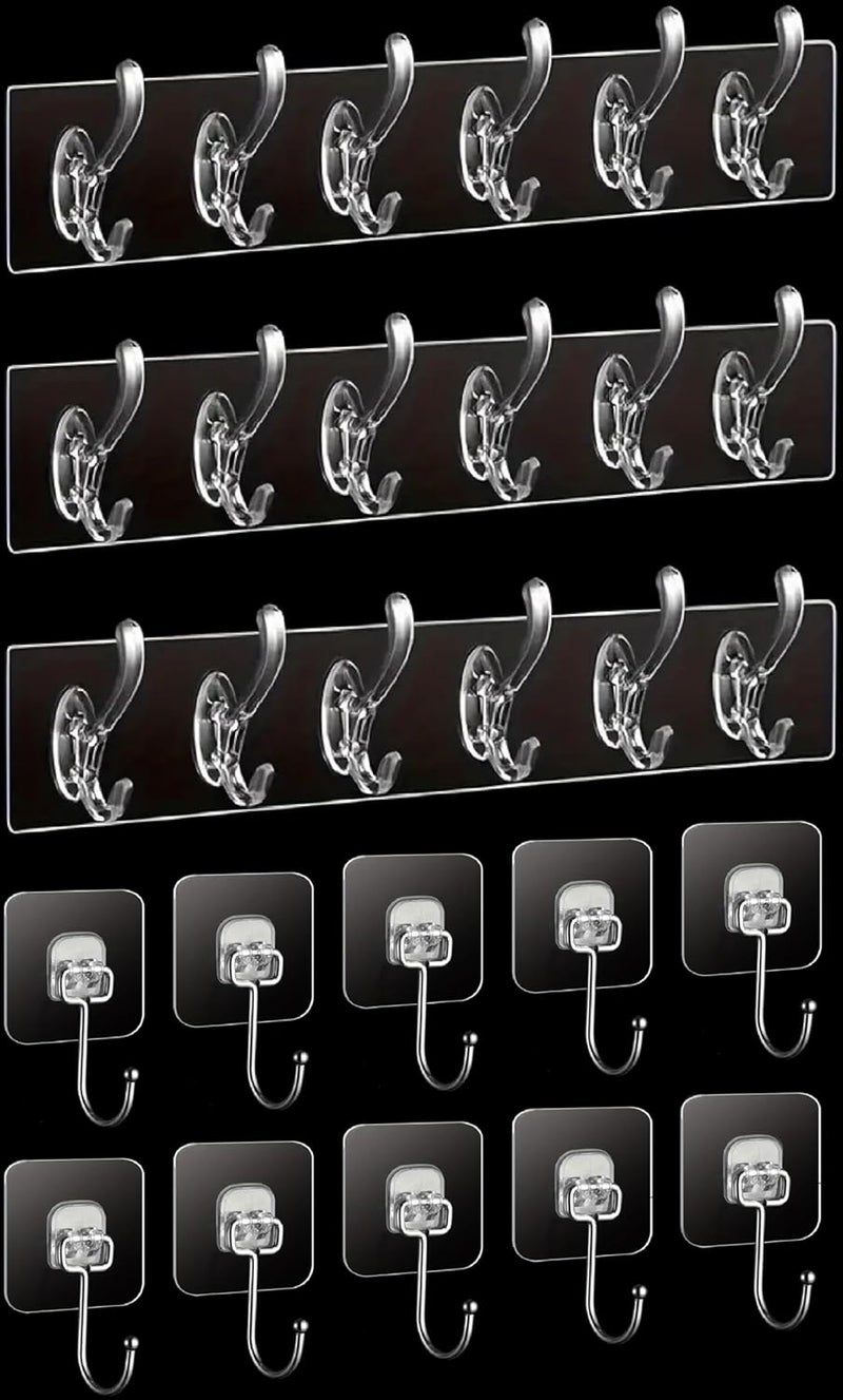 Style Keepers 13Pcs Rows Clear Multifunctional Transparent Sticky Hook Set Adhesive Sticker Hanger in Kitchen Bathroom Oilproof Home Wall Hanging Waterproof Seamless Invisible Strong Self Adhesive Wall Mounted  - Image 1