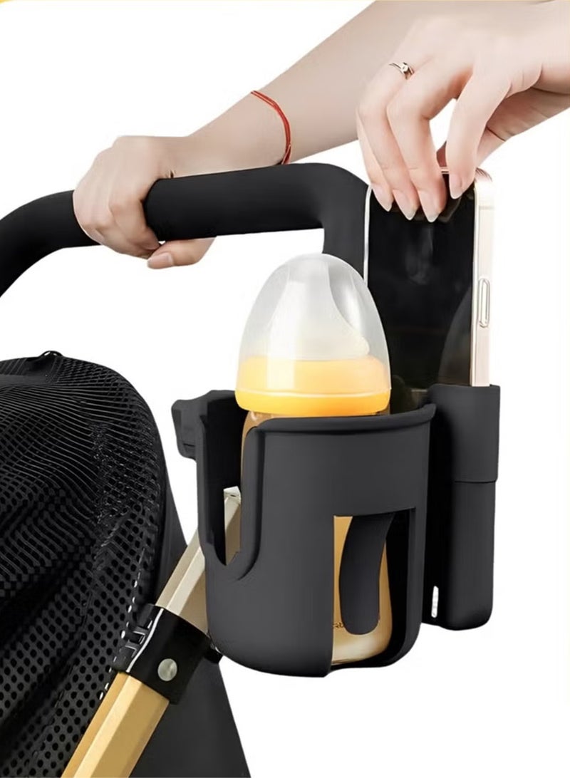 Universal Cup & Phone Holder, 2 in 1 Clip-On Drink Mount with 360° Rotation for Stroller, Wheelchair, Bike, Walker (Black) - Image 1