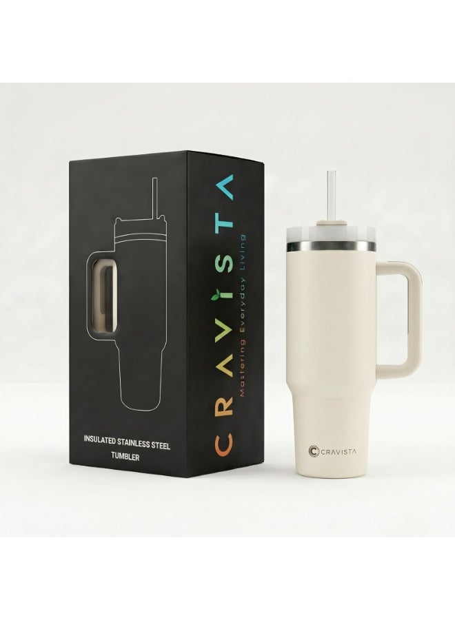 CRAVISTA 40 Oz Insulated Tumbler with Straw Stainless Steel Water Bottle for Kids and Adults | Vaccum Travel Mug, Leak Proof Flask for Hot & Cold | Sports Bottle for Men, Women (White) - Image 1