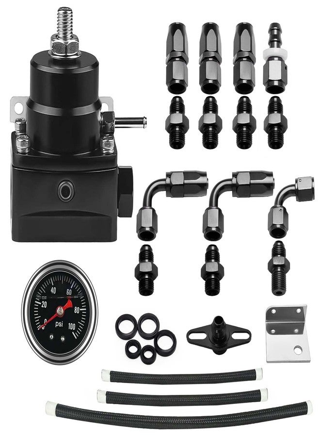 Plobeda EFI Fuel Pressure Regulator Kit with Bypass Return 0-100psi Pressure Gauge AN6-6AN Fuel Line Hose Fitting Connectors Kit Adjustable Universal Aluminum Black & Black - Image 2