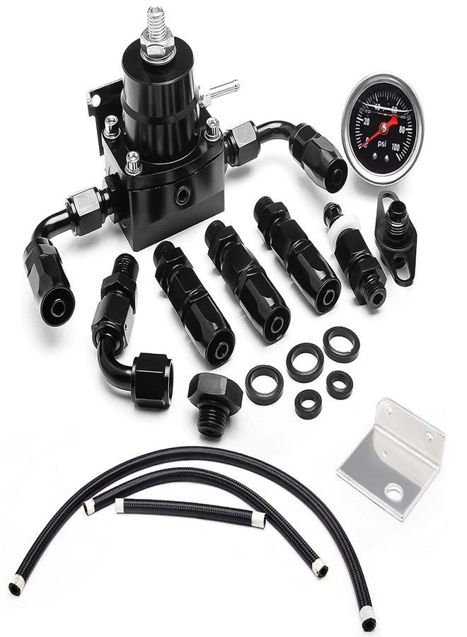 Plobeda EFI Fuel Pressure Regulator Kit with Bypass Return 0-100psi Pressure Gauge AN6-6AN Fuel Line Hose Fitting Connectors Kit Adjustable Universal Aluminum Black & Black - Image 1