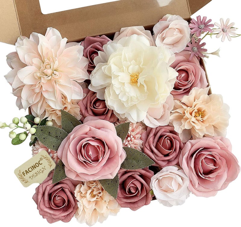 FACINOC Roses Artificial Flowers Pink Bouquets Box Set for DIY Bridal Wedding Shower Decorations Fake Floral Arrangements for Party Table Centerpieces Home Decor Indoor Outdoor Dusty Blush 19pcs - Image 1