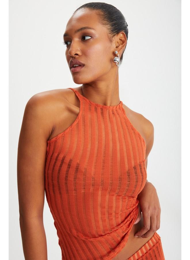 Grimelange Anemone Women's Orange Sleeveless Semi-Transparent Summer Orange Top - Image 5