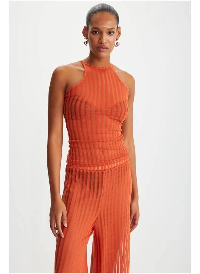 GRIMELANGE Grimelange Anemone Women's Orange Sleeveless Semi-Transparent Summer Orange Bodysuit