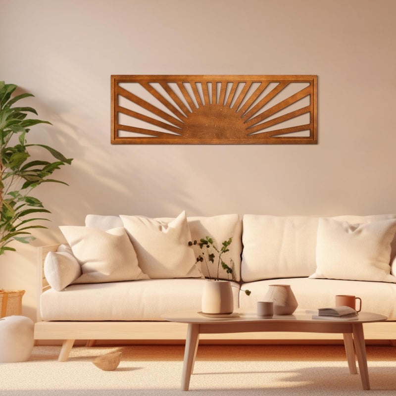 Burbell Sun Wall Art Decor 35 x 12 Large Boho Sun Wall Decor Wooden Horizontal Vintage Bohemian Hanging Rectangle Panoramic Above Bed Decoration for Bedroom HomeDark Brown