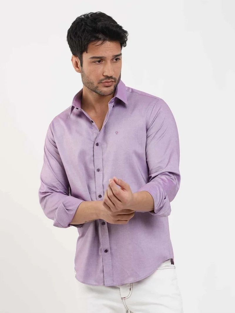 Dufy Lilac Men's Slim Fit Plain Brent Button Collar Long Sleeve Shirt - 102464