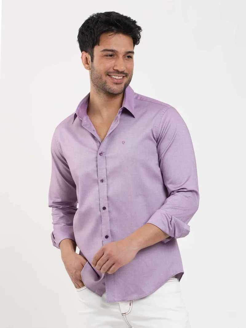 Dufy Lilac Men's Slim Fit Plain Brent Button Collar Long Sleeve Shirt - 102464