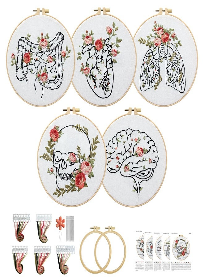 CMINAUS 5 Sets Skull Brain Heart Embroidery Kit, Embroidery Start Kit for Doctors Nurses with Pattern and Instructions, DIY Needlepoint Kit for Beginners, Cross Stitch Set for Adults Includes 2 Hoops - Image 1
