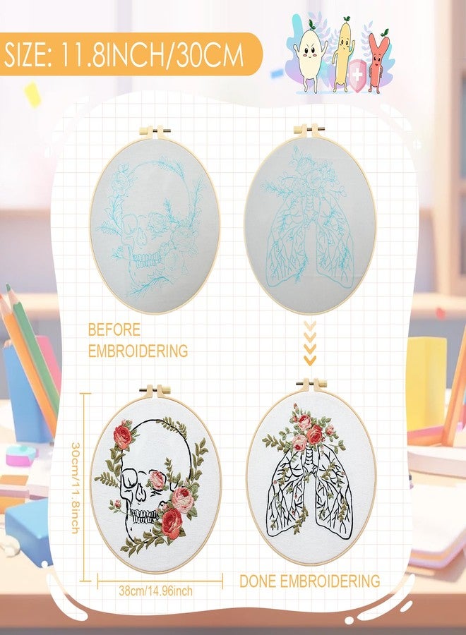 CMINAUS 5 Sets Skull Brain Heart Embroidery Kit, Embroidery Start Kit for Doctors Nurses with Pattern and Instructions, DIY Needlepoint Kit for Beginners, Cross Stitch Set for Adults Includes 2 Hoops - Image 2