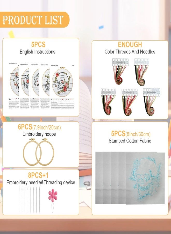 CMINAUS 5 Sets Skull Brain Heart Embroidery Kit, Embroidery Start Kit for Doctors Nurses with Pattern and Instructions, DIY Needlepoint Kit for Beginners, Cross Stitch Set for Adults Includes 2 Hoops - Image 3