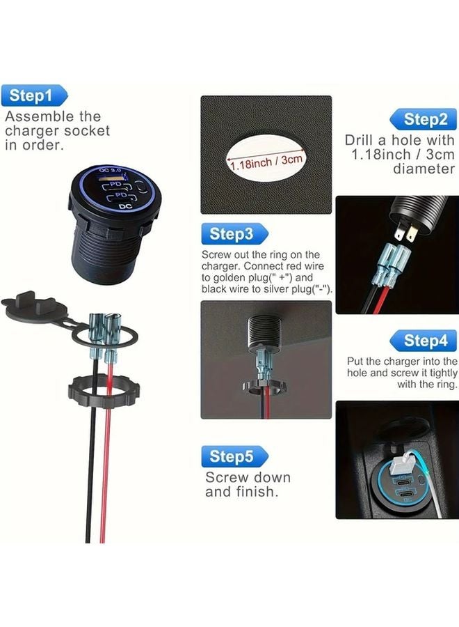 Triple Port Fast Car Charger With Line QC 3 0 Type C PD 3 0 For 12V 24V Vehicles Boats Trucks RVs Motorcycles - Image 4